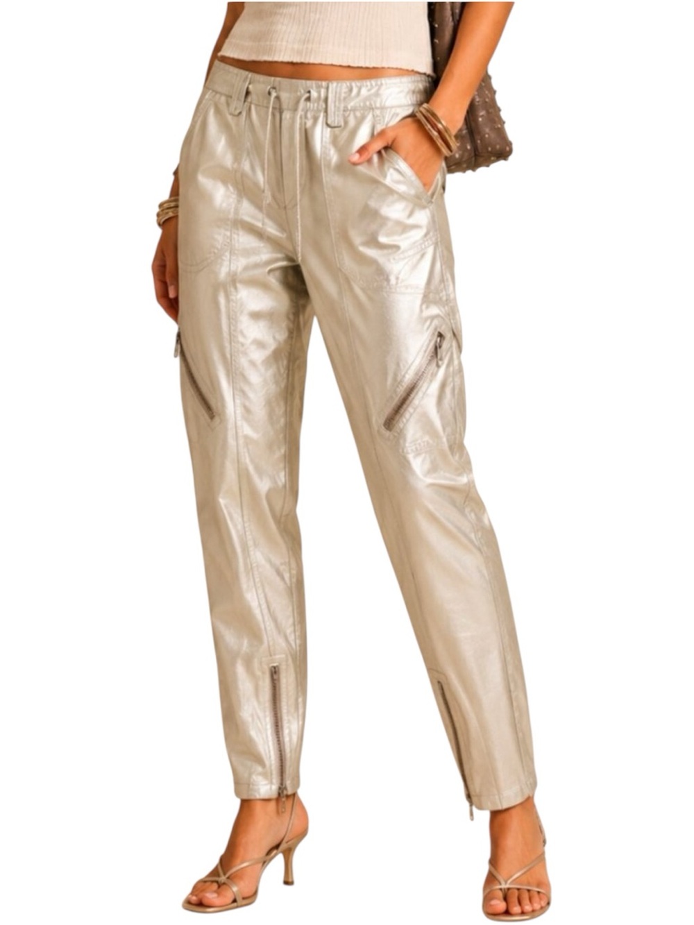 Y2K BCBGMAXAZRIA Metallic Silver Satin Cargo Zip Pants Futuristic Utility Size 6 - Picture 1 of 9